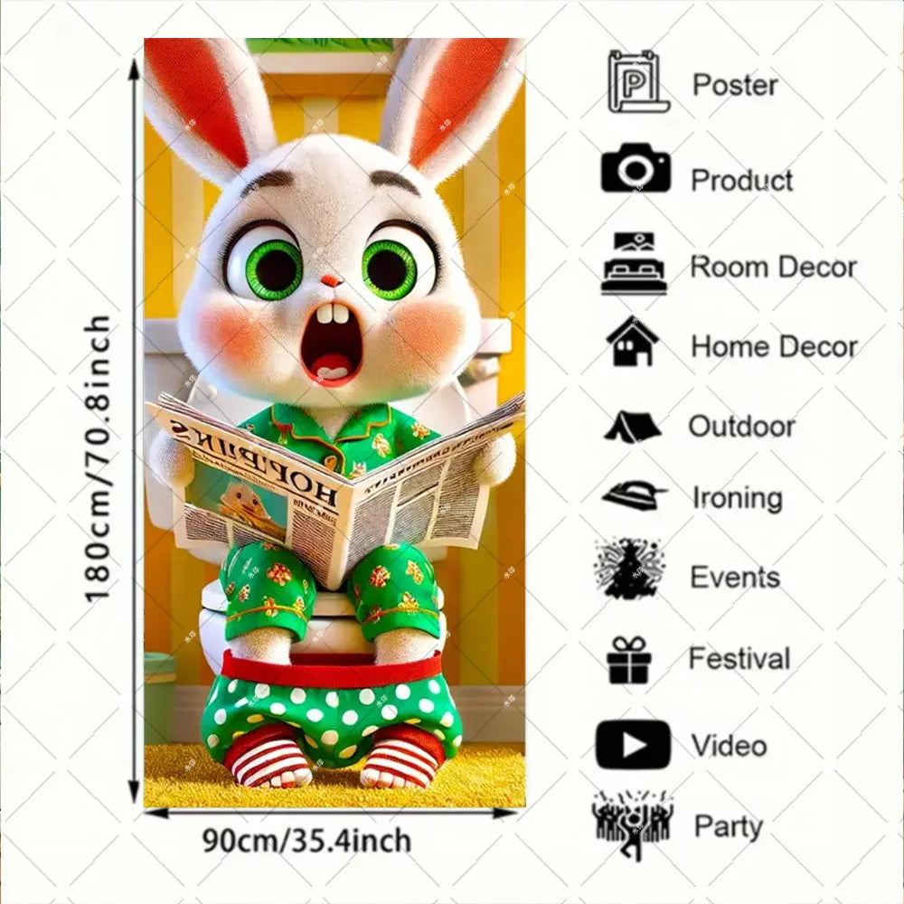 Spring Easter Theme Charming Rabbit On The Toilet Grass Flower Eggs Door Banner Cover Backdrop Easter Festival Party Porch Decor