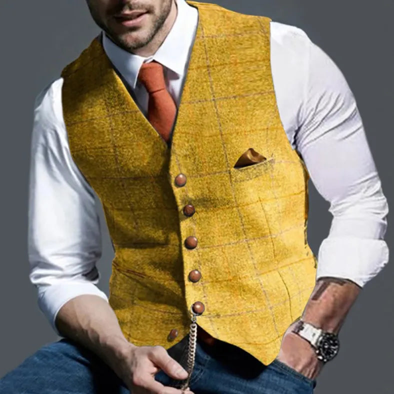 2025 Men's Formal Vests Lapel Tweed Plaid V-neck Waistcoat Slim Vest Business Formal Dress Suit Casual Wedding Tuxedo Male Vest