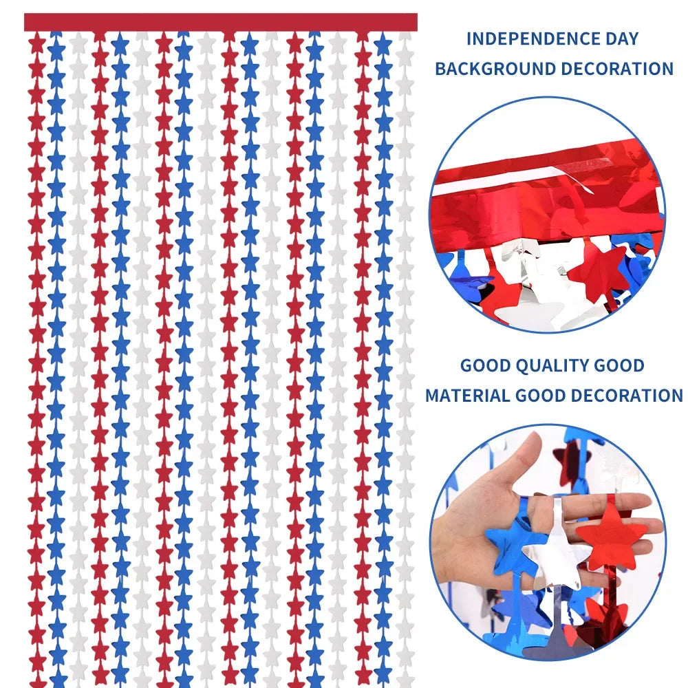 4th of July Decorations Red White Blue Star Tinsel Foil Fringe Curtains Independence Day Photo Booth Backdrop Patriotic Party