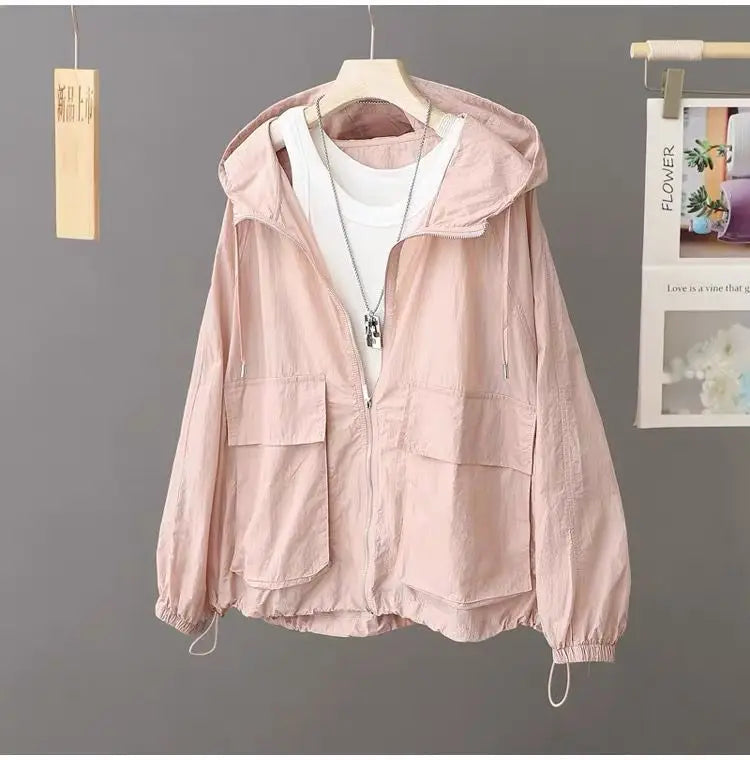 Summer Sunscreen Hooded Lightweight Loose Windbreaker 2025 New Breathable Outdoor Thin Jacket For Women Plus Size Trench Coat