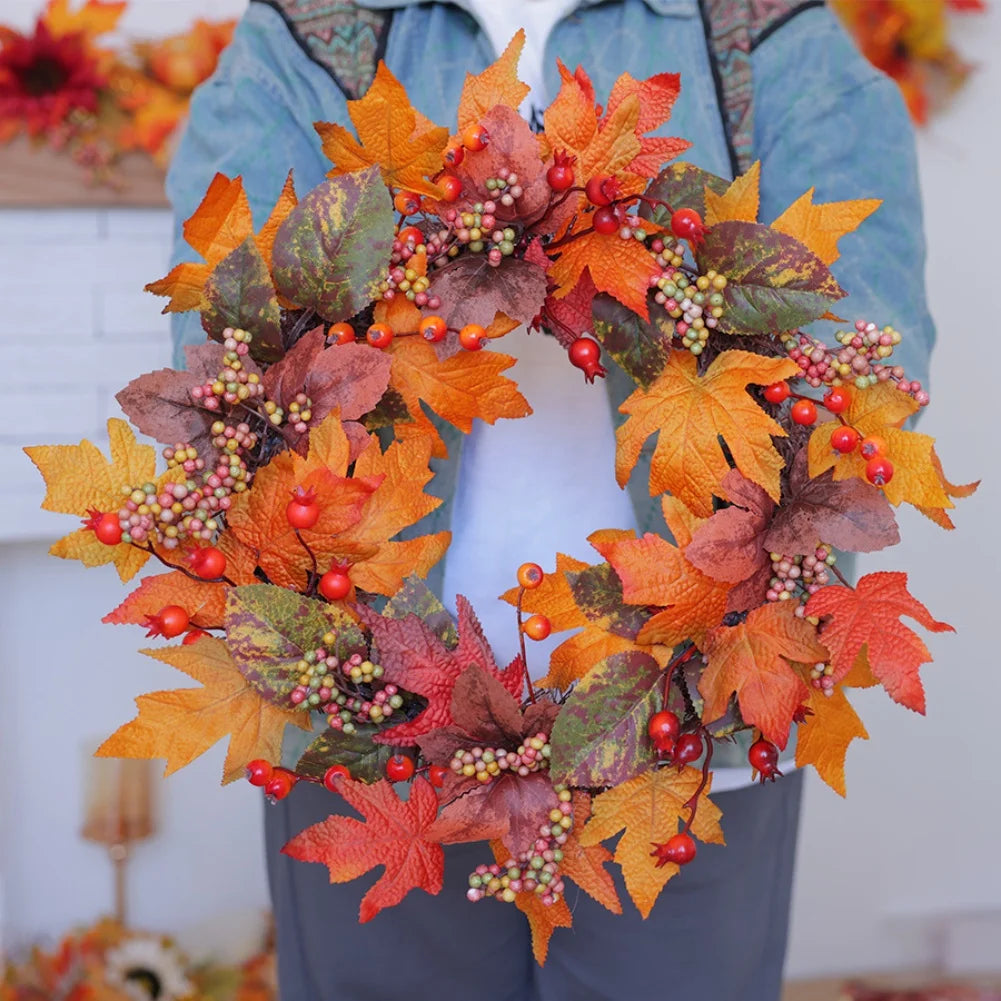 50cm Fall Wreath with Autumn Leaves and Berries for Front Door Decoration for Thanksgiving and Seasonal Display