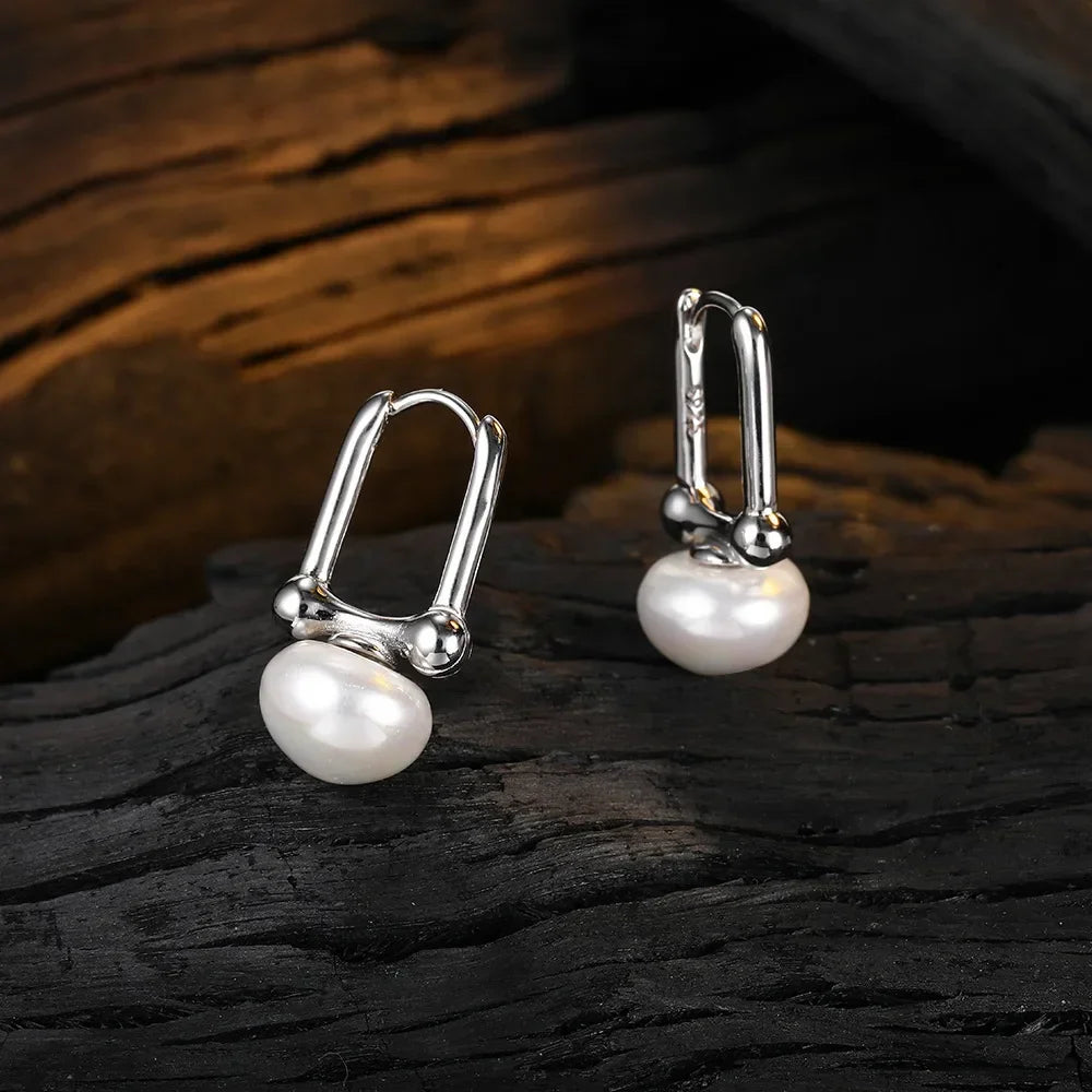 Real 925 Sterling SilverI Pearl Hoop Earring for Women Geometric Minimalist Ear Buckle Vintage Fine Jewelry Accessories