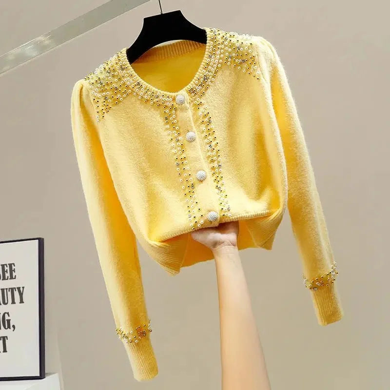 Women's Sweater 2022 Autumn Winter New O-Neck Knitted Sweater Close-Fitting Beading Pullover Long-Sleeved Cardigan Knitwear Top
