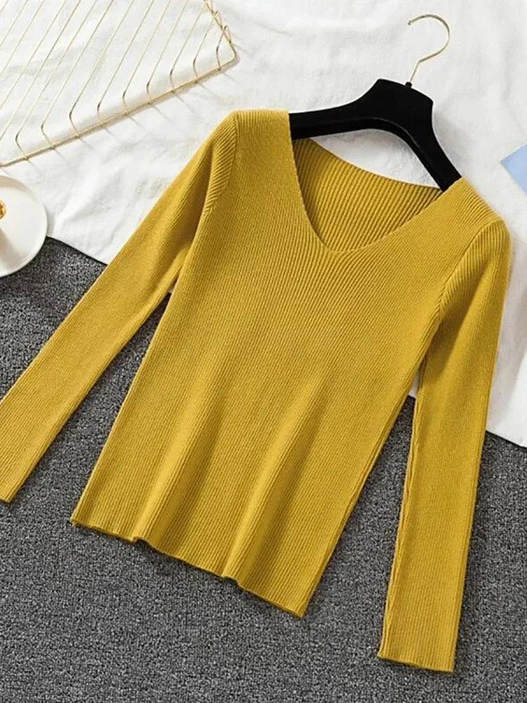 Women Sweater 2026 New Autumn Winter Long Sleeve Pullover Basic Top Fashion V-neck Elastic Female Winter Solid Knitted Jumper