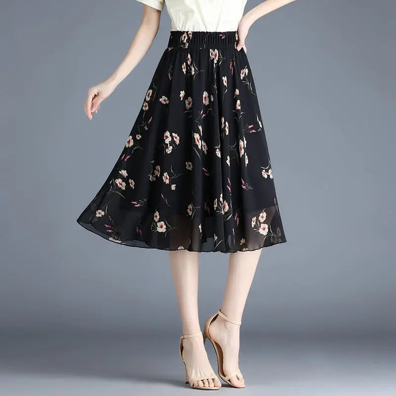 Skirts for Women Chiffon Woman Skirt Floral Midi Summer Casual New In Clothing Sales Modest Luxury Elegant High Quality V Cheap