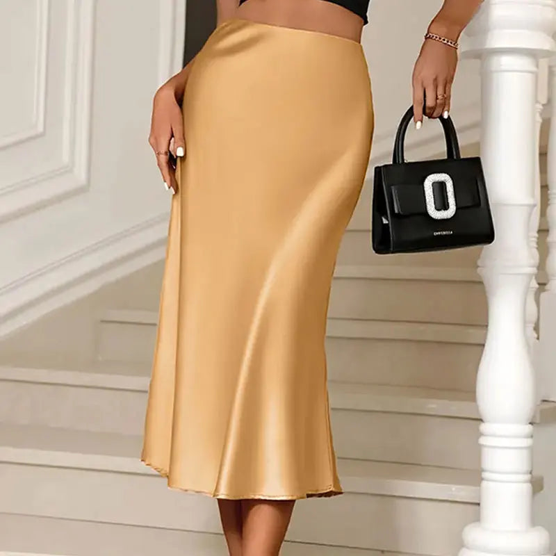Silk Satin Skirts for Women Korean Style Champagne Office High Waist A-line Skirt Fashion Elegant Solid Long Pencil Skirt 2024