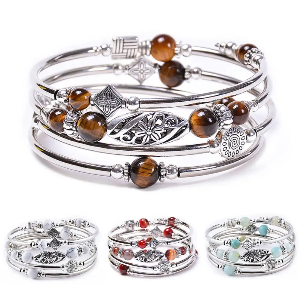 Women Bangle Natural Stones Ethnic Multi Layered Retro Blue Turquoise Beads Wrap Bracelet Jewelry Accessories