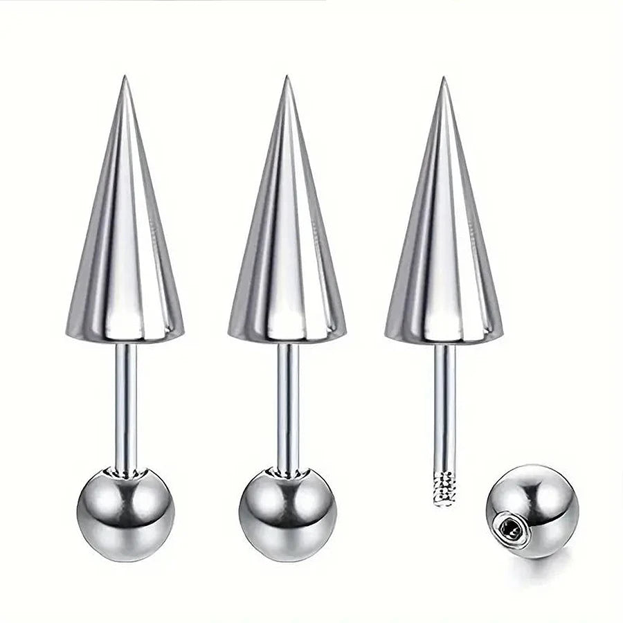3 stainless steel tapered stud earrings, lip studs, punk-style piercing accessory, hypoallergenic