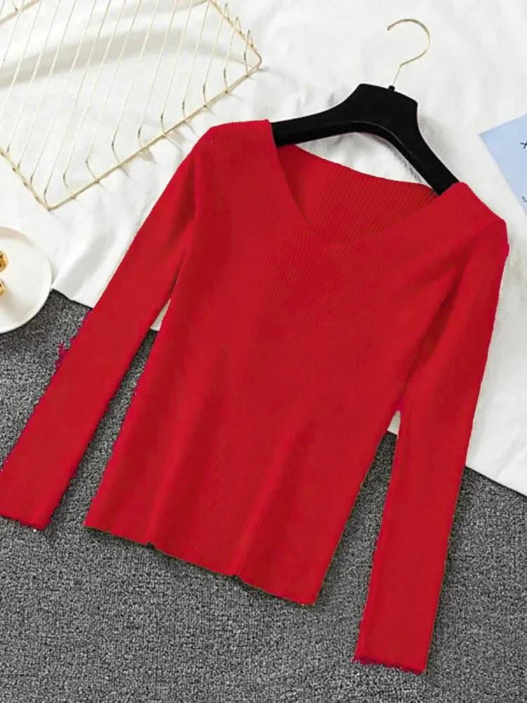 Women Sweater 2026 New Autumn Winter Long Sleeve Pullover Basic Top Fashion V-neck Elastic Female Winter Solid Knitted Jumper