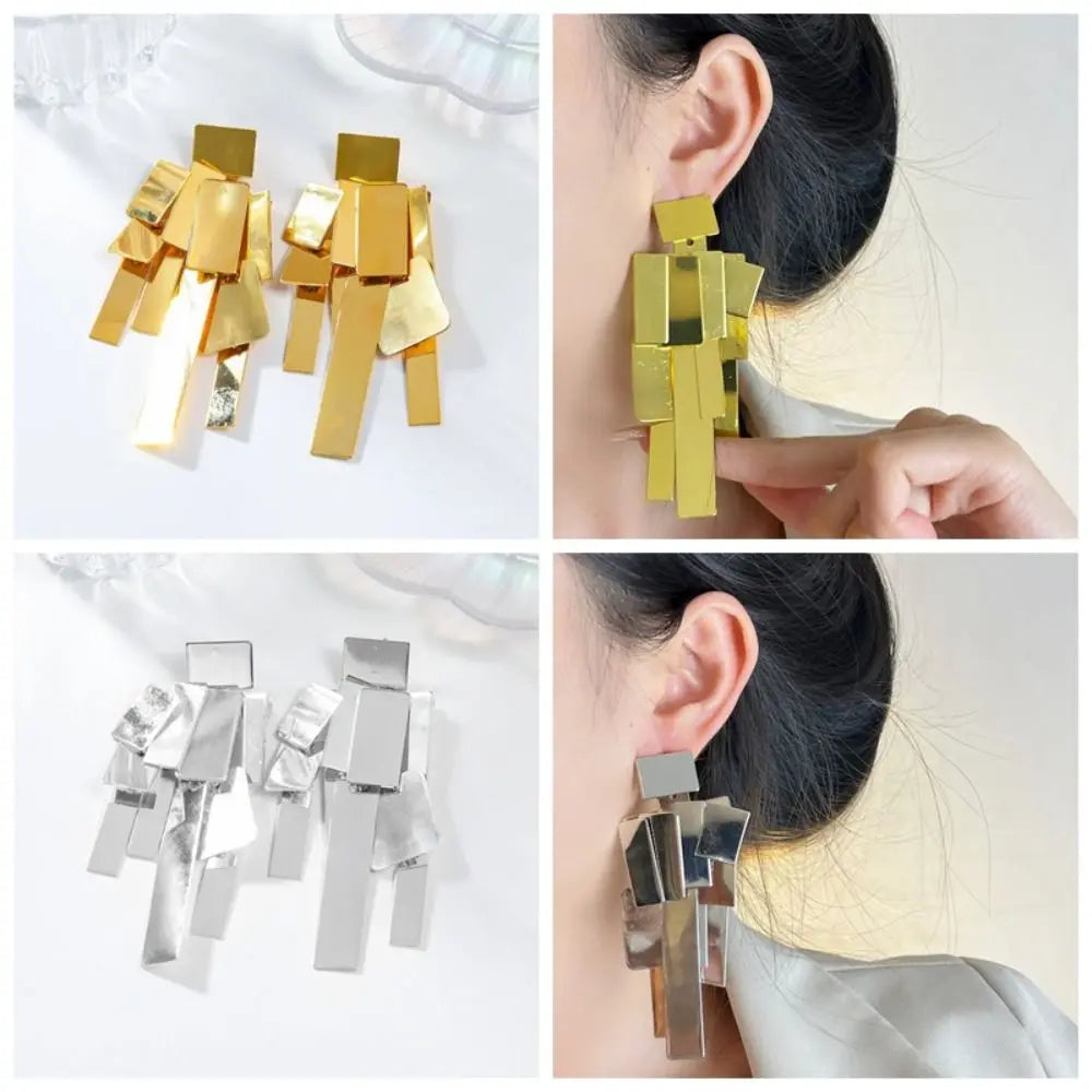 Eardrops Elegant Exaggerated Ear Studs Retro Silver Geometric Metal Earrings Alloy Jewelry Square Tassels Eardrops Bride