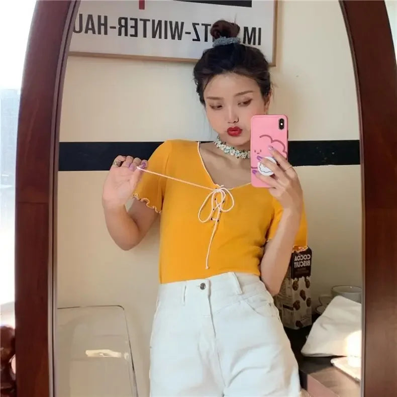 Woman T-shirts Summer White V-neck Top Knitted Short-Sleeved T-shirt for Women Mujer Camisetas