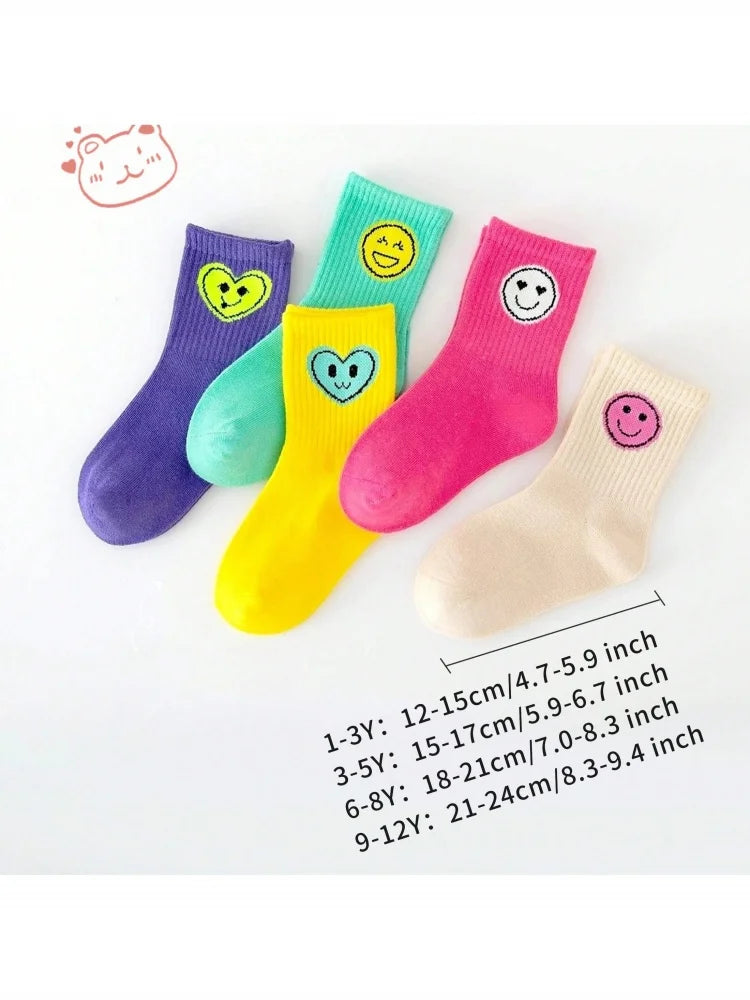 5 Pairs of Four Seasons Children's Socks New Sports Smiling Face Expression Boys and Girls Mid-calf High Socks
