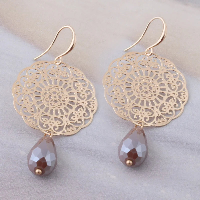 Drop Earrings Dangle Bohemian Metal Carving Hollow Pattern Crystal Water Charm 2023 New Hot Fashion Jewelry Accessories Brand Ms