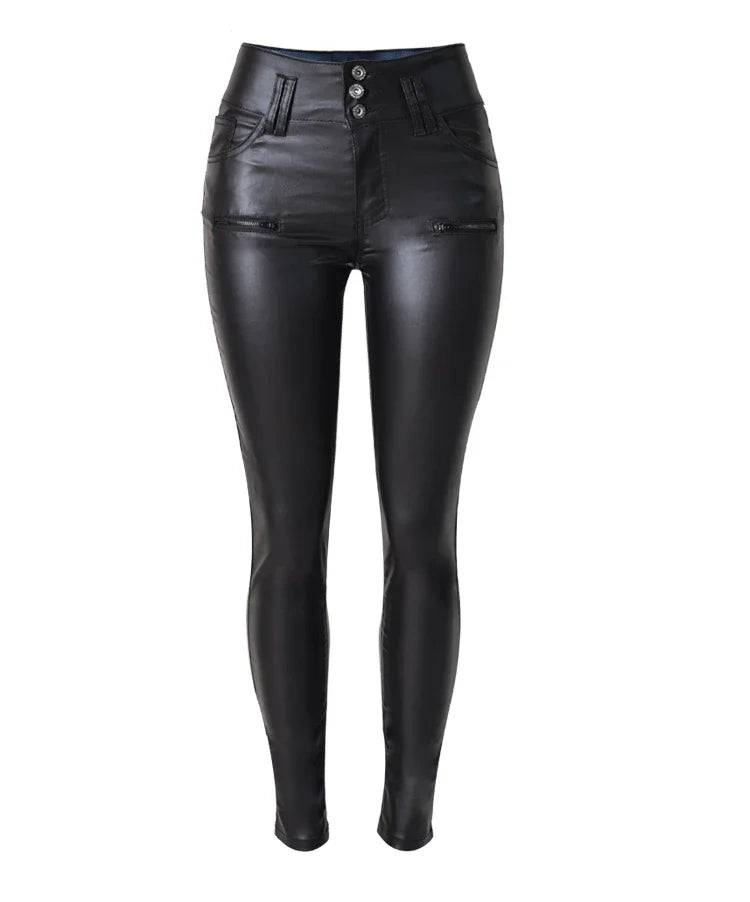 Women's Pants High Waisted 3 Button Slim Faux Leather Pants and Small Leg PU Women Pants