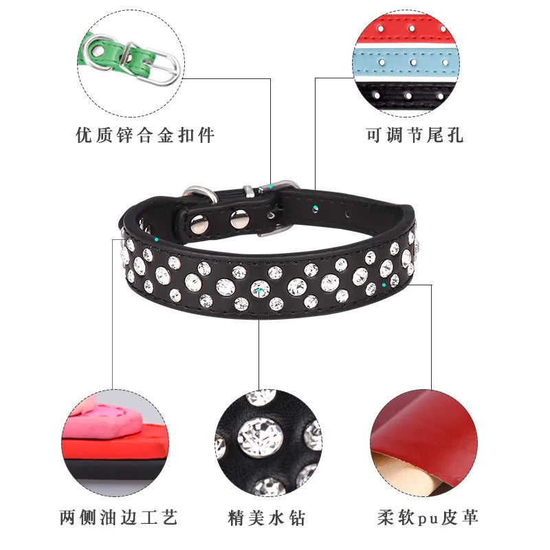 Pet collars for small dogs, pet collars, rhinestone PU collars for cats and dogs, adjustable to prevent pets from being lost