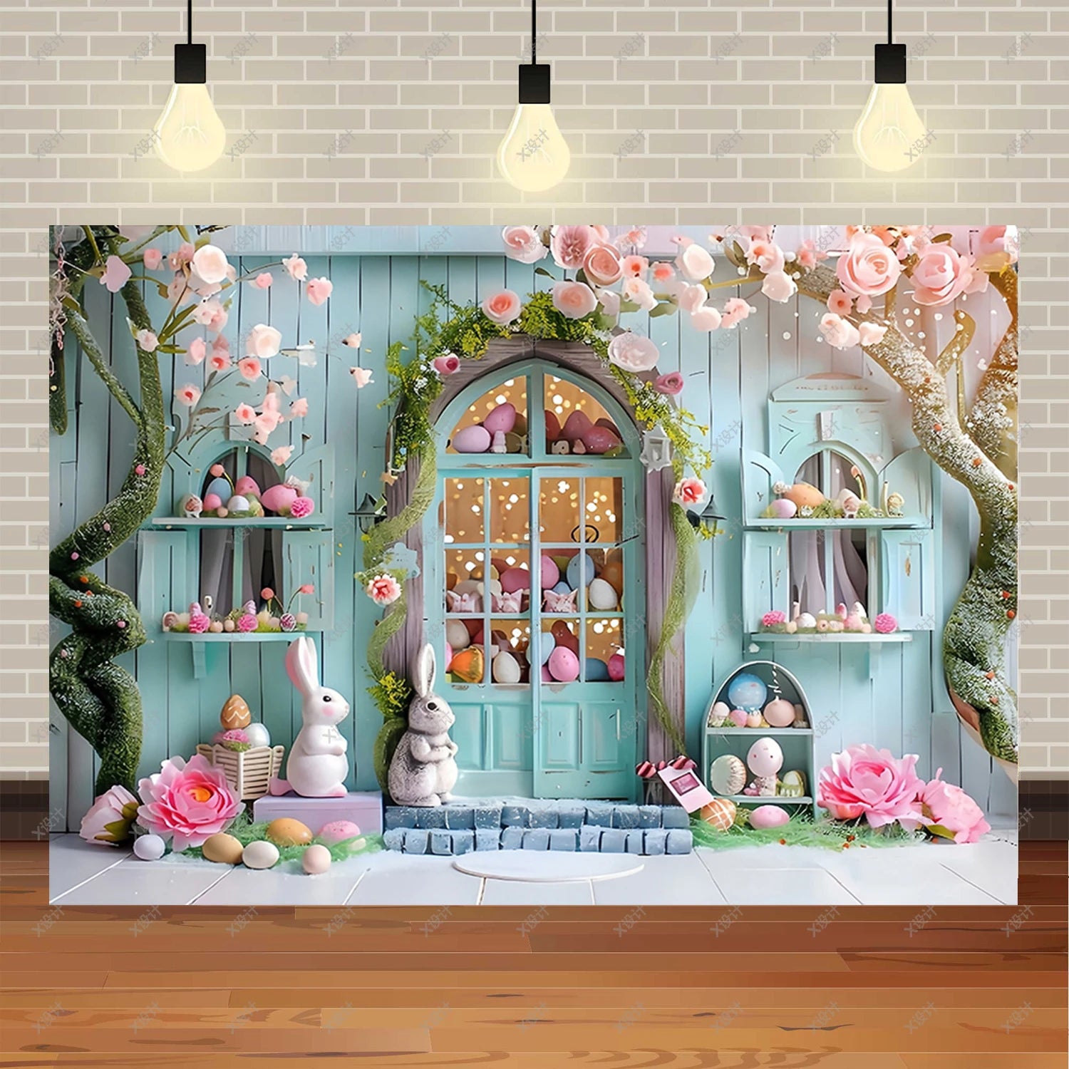 Easter Photography Background Party Decoration Spring Flowers Green Grass Wooden Door Rabbit Bunny Eggs Baby Portrait Photo Prop