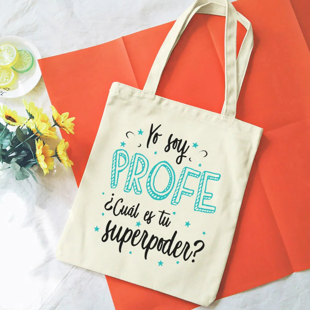Spanish Printed Women Shopping Totes Bags White Teacher Life Bags Eco Reusable Fashion Canvas Shoulder Book Bag Gift for Teacher