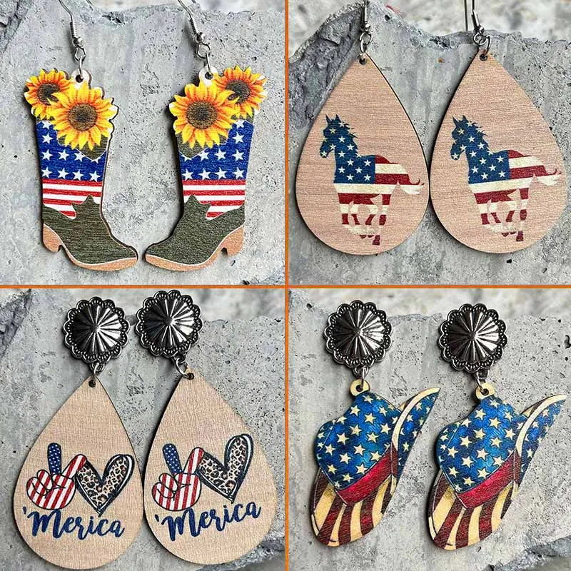 New American Independence Day Earrings July 4th Festival Decoration Western Cowboy Sun Flower Boots Cowhead Hat Wooden Ear Rings