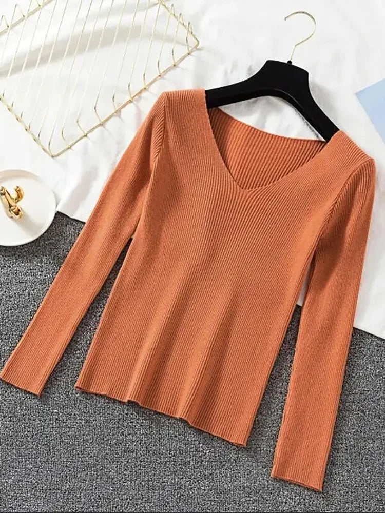Women Sweater 2026 New Autumn Winter Long Sleeve Pullover Basic Top Fashion V-neck Elastic Female Winter Solid Knitted Jumper