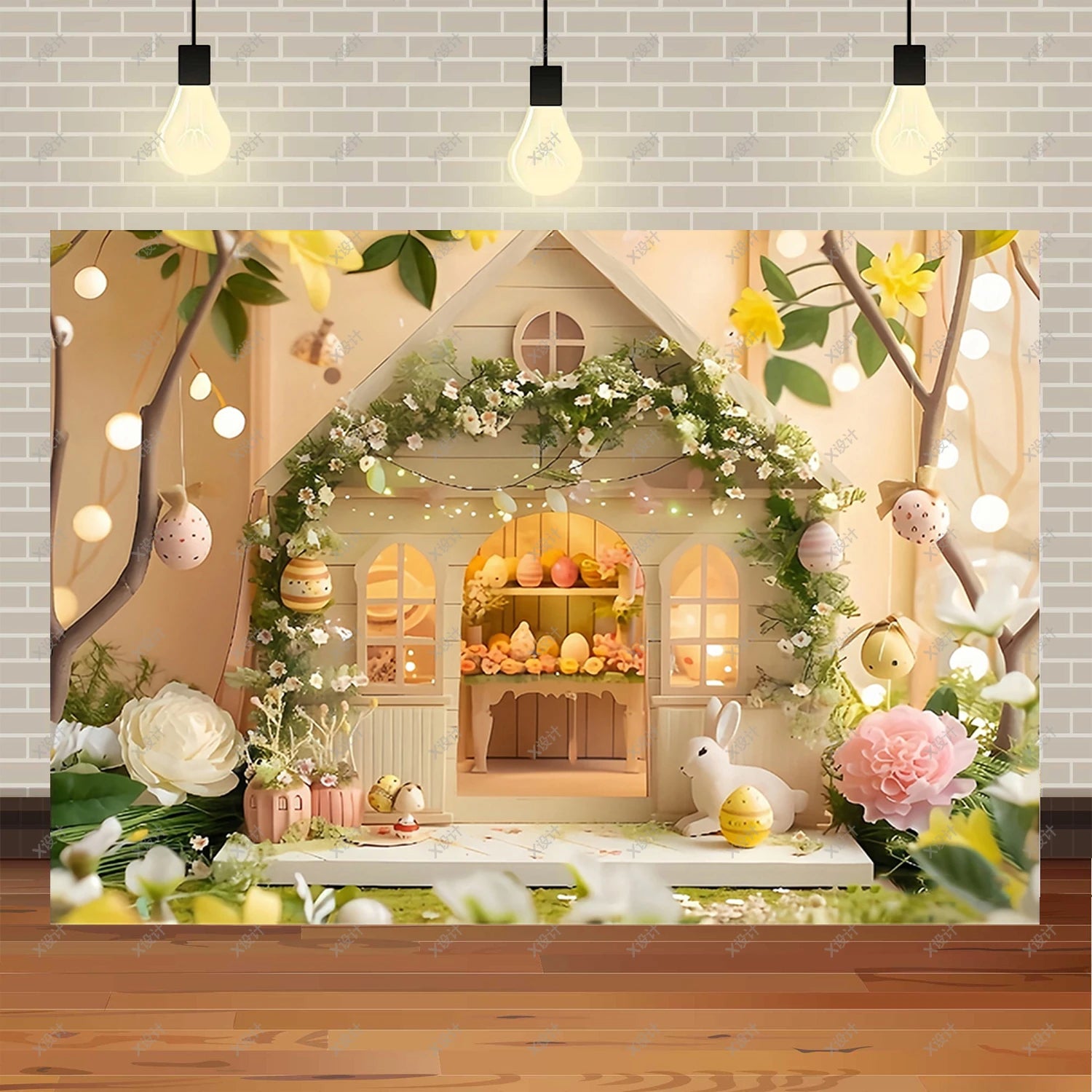 Easter Photography Background Party Decoration Spring Flowers Green Grass Wooden Door Rabbit Bunny Eggs Baby Portrait Photo Prop