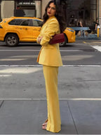 Office Lady Suits Two Piece Pant Set Turn-Down Collar Long Sleeve Double-Breasted Blazers+Mid Waist Zipper Flared Pants