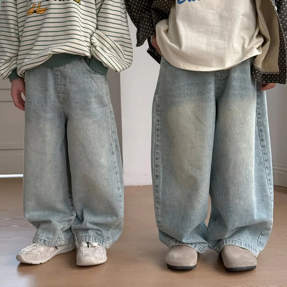 Children Pants 2025 Spring Boys and Girls Korean Solid Casual Denim Straight Leg Pants Children Versatile Loose Wide Leg Pants