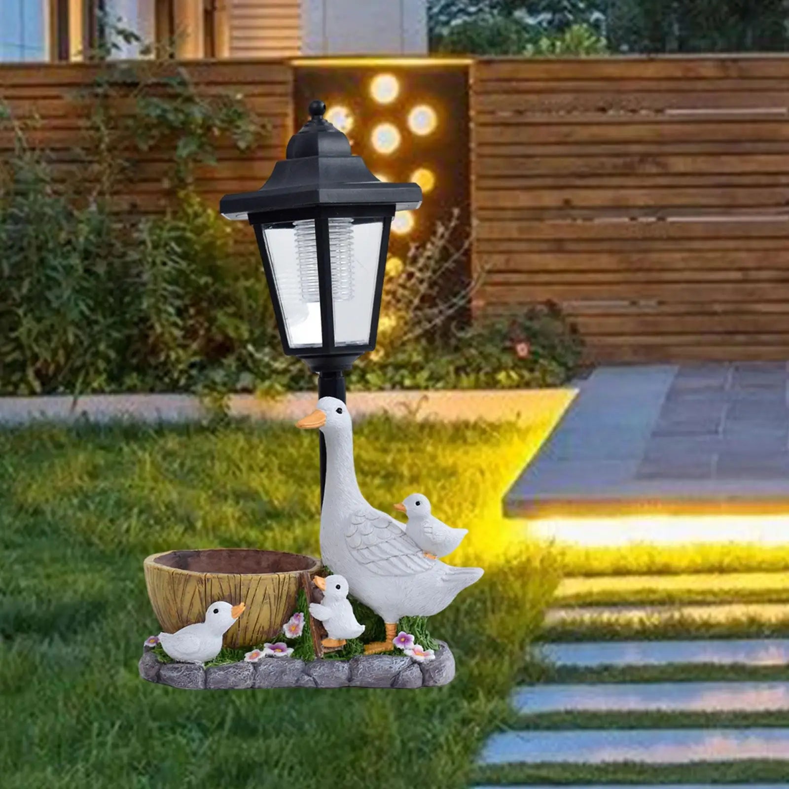 Garden Statue with Solar Lights Figurine Stylish Gift Crafts Flower Pot Resin Sculpture for Outside Yard Patio,Lawn Courtyard