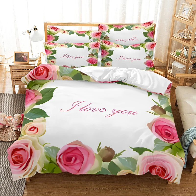 Valentine's Day I Love  style Digital Printed Duvet Set - Polyester - Bedroom Decor -1 bed cover +2 pillowcases (no pillow core)