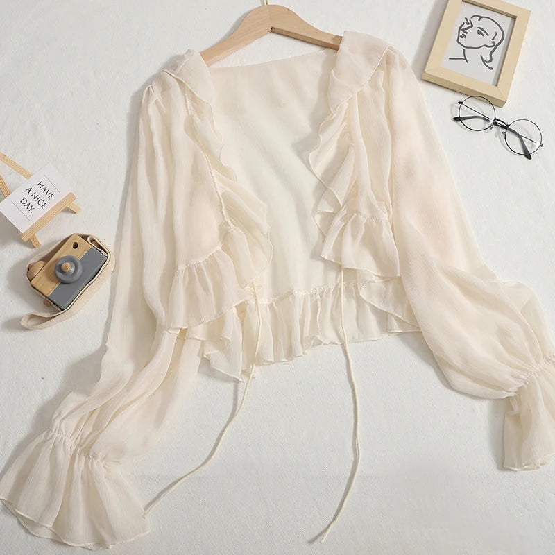 Women's Summer New Sle Sun Protection Clothing Chiffon Bell Sve Lace Trim Cardigan Fairy awl ort Outerwear
