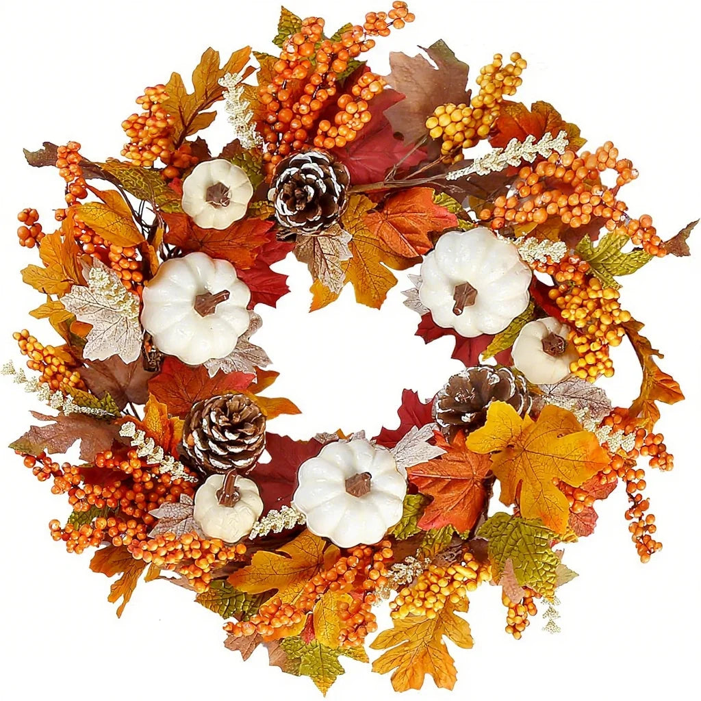 Autumn Door Wreath Christmas Halloween Decoration Pumpkin Berry Pine Cone Maple Artificial Cloth Rattan Material Home Decoration