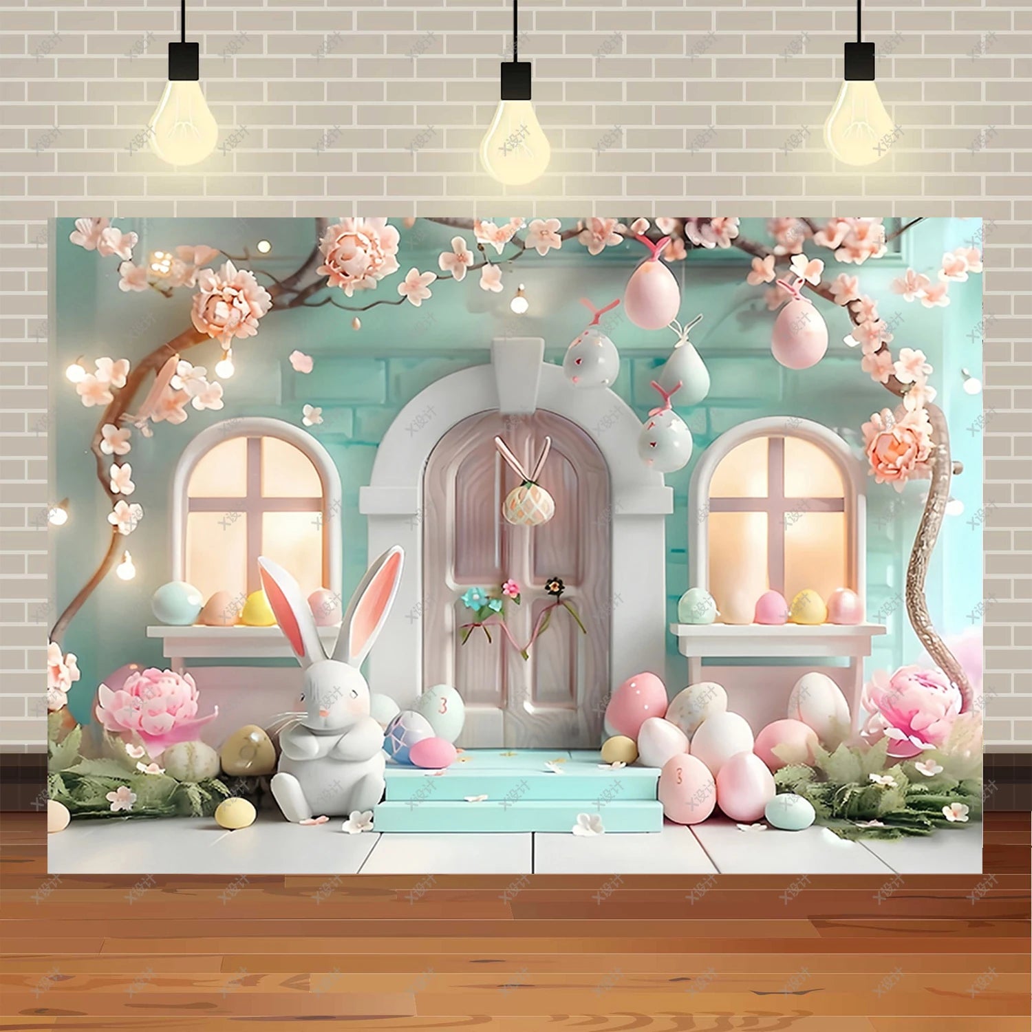 Easter Photography Background Party Decoration Spring Flowers Green Grass Wooden Door Rabbit Bunny Eggs Baby Portrait Photo Prop