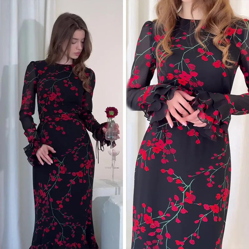 Women's women's dresses Evening Dresses Summer New Printed French Floral Slim-fitting Retro White Dress for Women