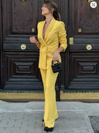 Office Lady Suits Two Piece Pant Set Turn-Down Collar Long Sleeve Double-Breasted Blazers+Mid Waist Zipper Flared Pants