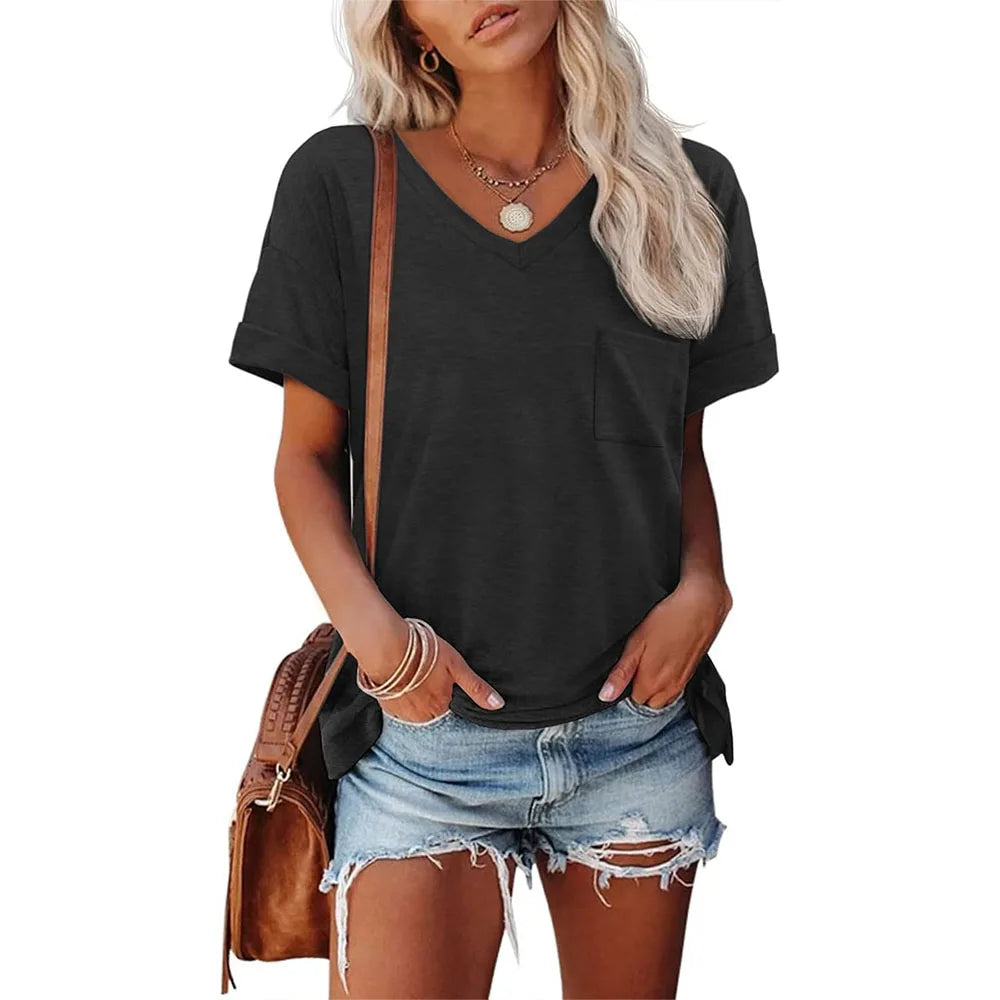 Womens T Shirts 2025 Short Sleeve V-Neck Shirts Cute Fit Summer Casual Tee Tops S-XXL