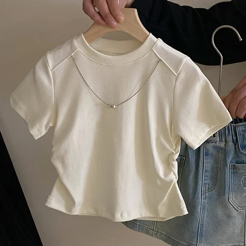 Children T-shirtTide Childrens Clothing New Girl Design Sense T-shirt Tops Versatile Bow Knot Cowboy Short Skirt 2024 Round Collar