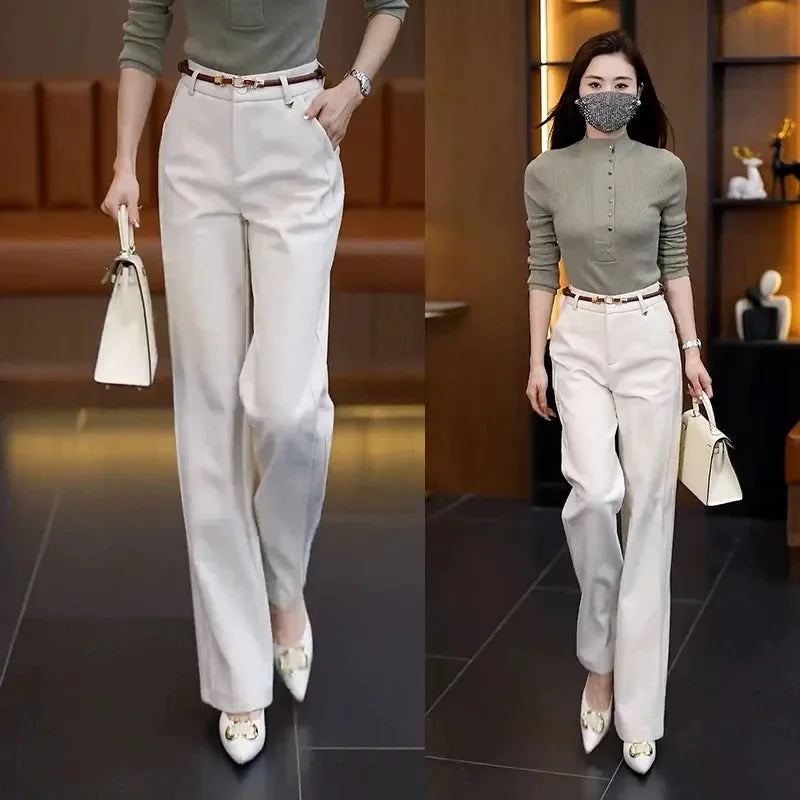 Women Suit Pants High Waist Summer Straight Office Ladies Korean Fashion Trousers Casual Button Loose Female Pant New