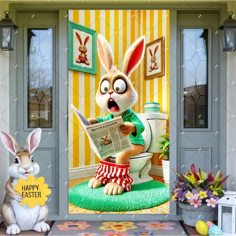 Spring Easter Theme Charming Rabbit On The Toilet Grass Flower Eggs Door Banner Cover Backdrop Easter Festival Party Porch Decor