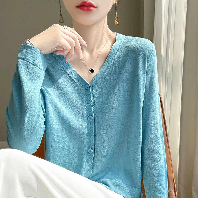 Women's Cardigans 2025 Thin Summer Single Breasted V-neck Loose Knitted Sweater Fashion Solid Tops Ice Silk Outerwears Jumpers