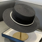 Women's Hat Female Hepburn Style Straw Hat Spring And Summer New Flat Top Hat French Retro Sun Hat Net Red Same Style Straw Hat