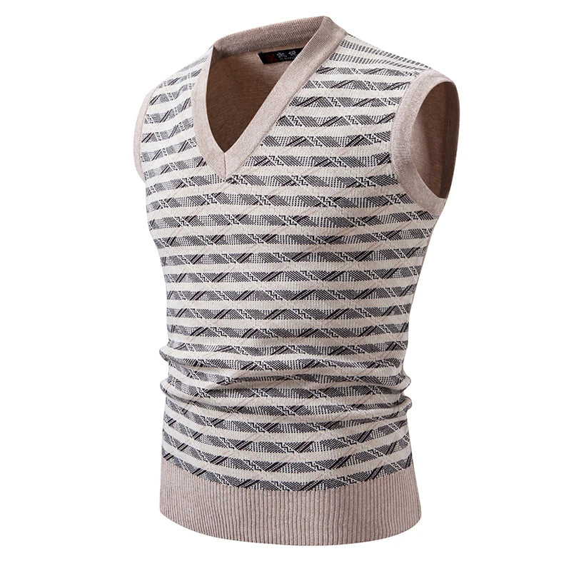 Men's Sleeveless Vest Sweater Casual Streetwear Knitted Pullover Vintage Waistcoat Sweater Top Striped Knit Clothing for Man