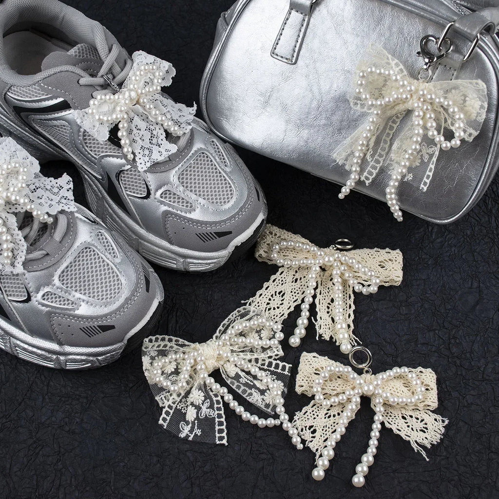 1pair Fashion Lace Pearl Bow Shoe Laces Charms for Sneakers Decorative Shoe Flower Buckle Decorative Shoe Charm Accessories