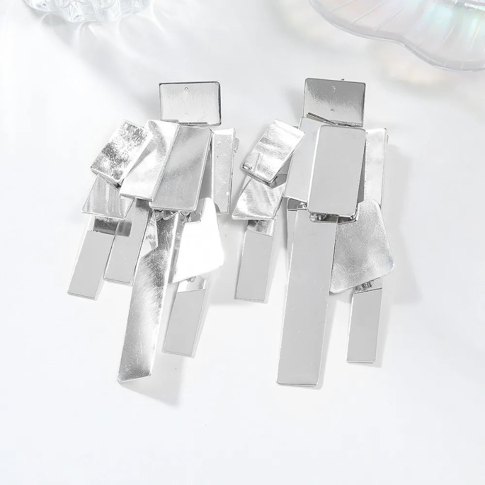 Eardrops Elegant Exaggerated Ear Studs Retro Silver Geometric Metal Earrings Alloy Jewelry Square Tassels Eardrops Bride