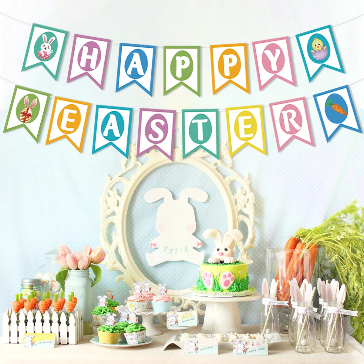 Happy Easter Banner Colorful Bunny Easter Eggs Carrot Banner Garland Signs Spring Themed 2025 Easter Day Decorations for home