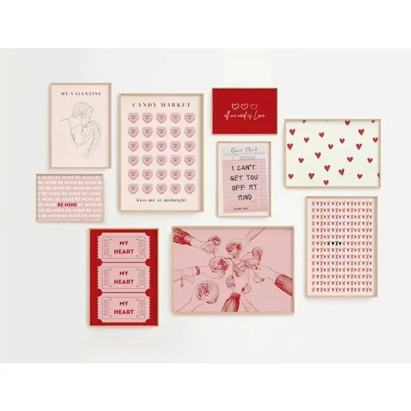 Valentine's Day Queue Gallery Printable Poster Vintage Romantic Wall Art Cute Pink Heart Canvas Painting Home Bedroom Decoration