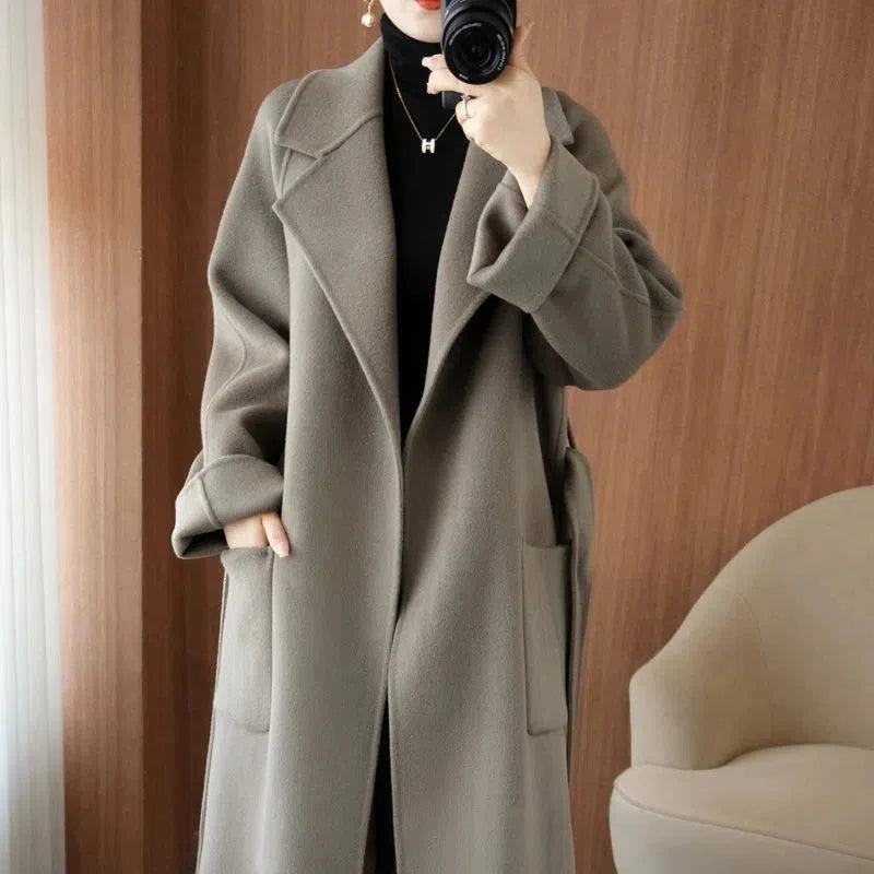 100% Wool Coat Women's Wear 2025 Autumn/Winter Fashion Temperament Double sided Cashmere Coats with Belt Elegant Long Overcoat