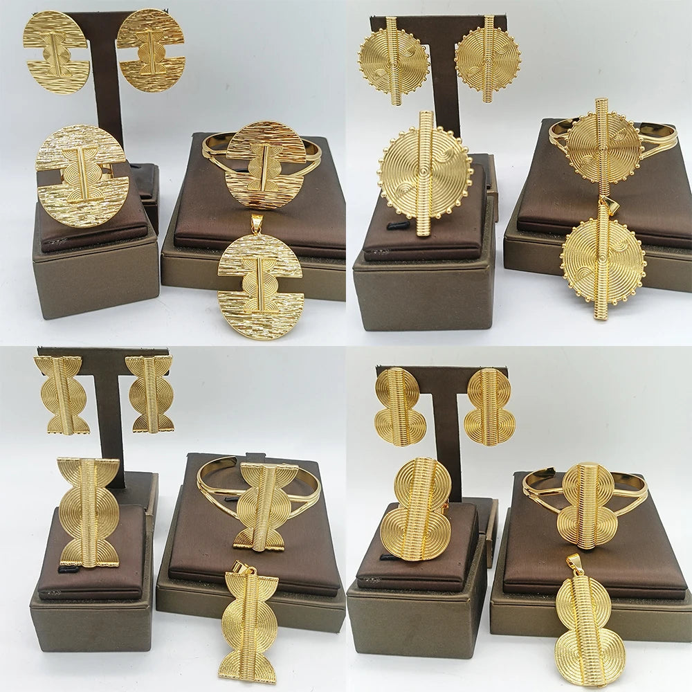 4Sets Jewelry Sets for Women Bridal Luxury African Map Pendant Gold Color Earrings Cuff Bangles Adjustable Ring Wedding Gifts