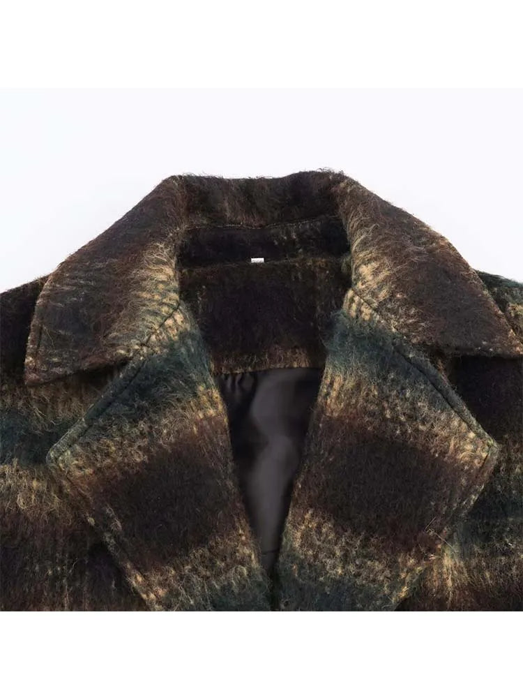 Women's Woolen  Coat 2025 Autumn Winter New Fashion Women Long Sleeve Button Checkered Overcoat Women High Street Leisure Coats