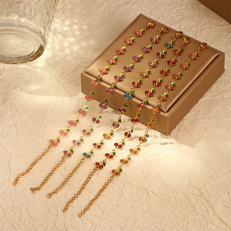 Charm Cherry Bracelet For Women Retro Bohemian Stainless Steel Bracelet For Girls Party Holiday Fashion Jewelry Gift