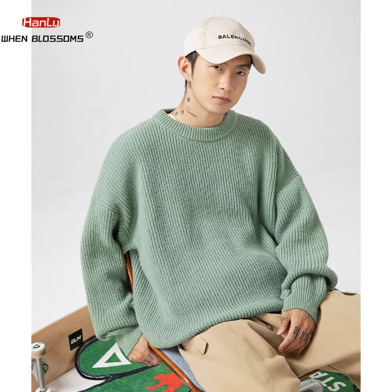 2023 Autumn Winter New Sweater Women's Men's  Green Knitted pullover Basic Solid Color Loose Black White Sweater Coats Warm Tops