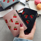 Women's Clutch Wallet with Cherry Floral Embroidery, Vertical Style Buckle Design Trendy Versatile Pu Material Waterproof Light
